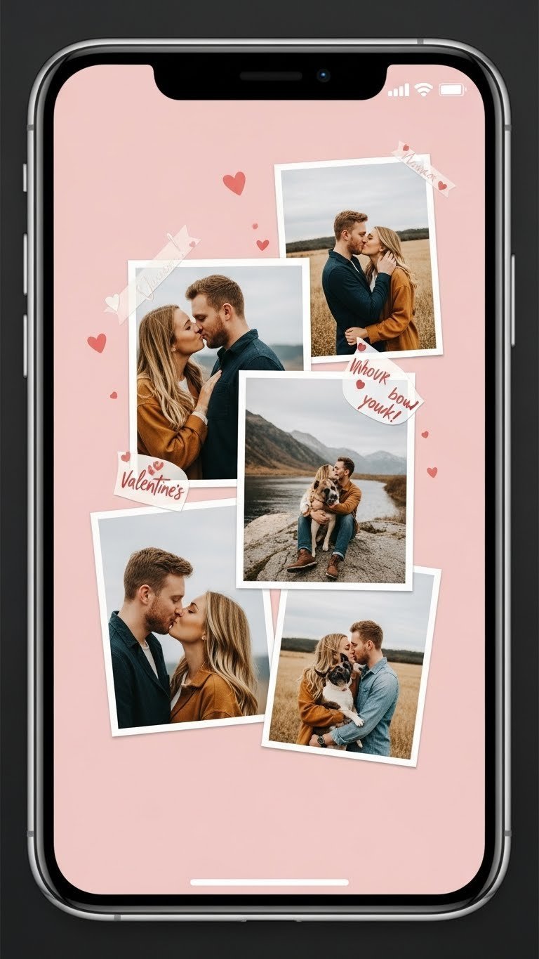 iPhone screen showing custom photo collage lockscreen with Valentine's themed graphics
