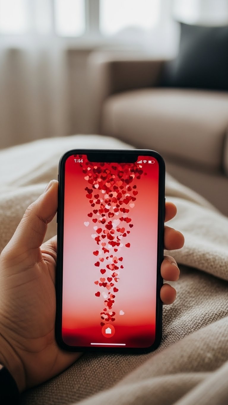 iPhone showing animated falling hearts lockscreen on textured linen throw