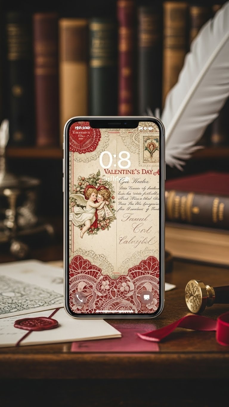 iPhone showing vintage Valentine's Day art lockscreen on antique wooden desk