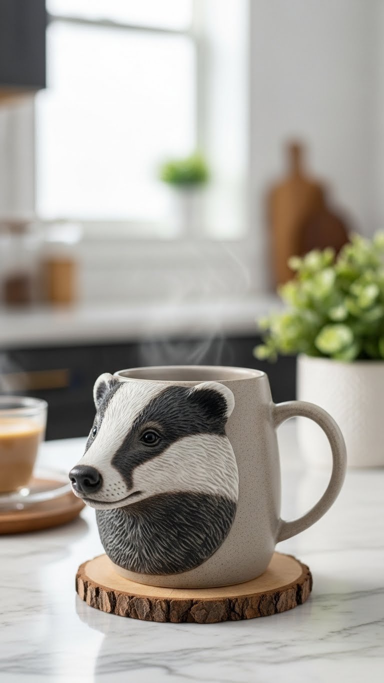 3D badger head ceramic mug with intricate fur textures on marble countertop in bright kitchen daylight