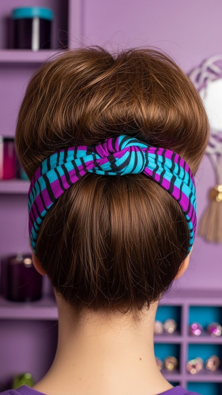 80s headband hairstyle with voluminous hair and brightly colored headband against textured wall