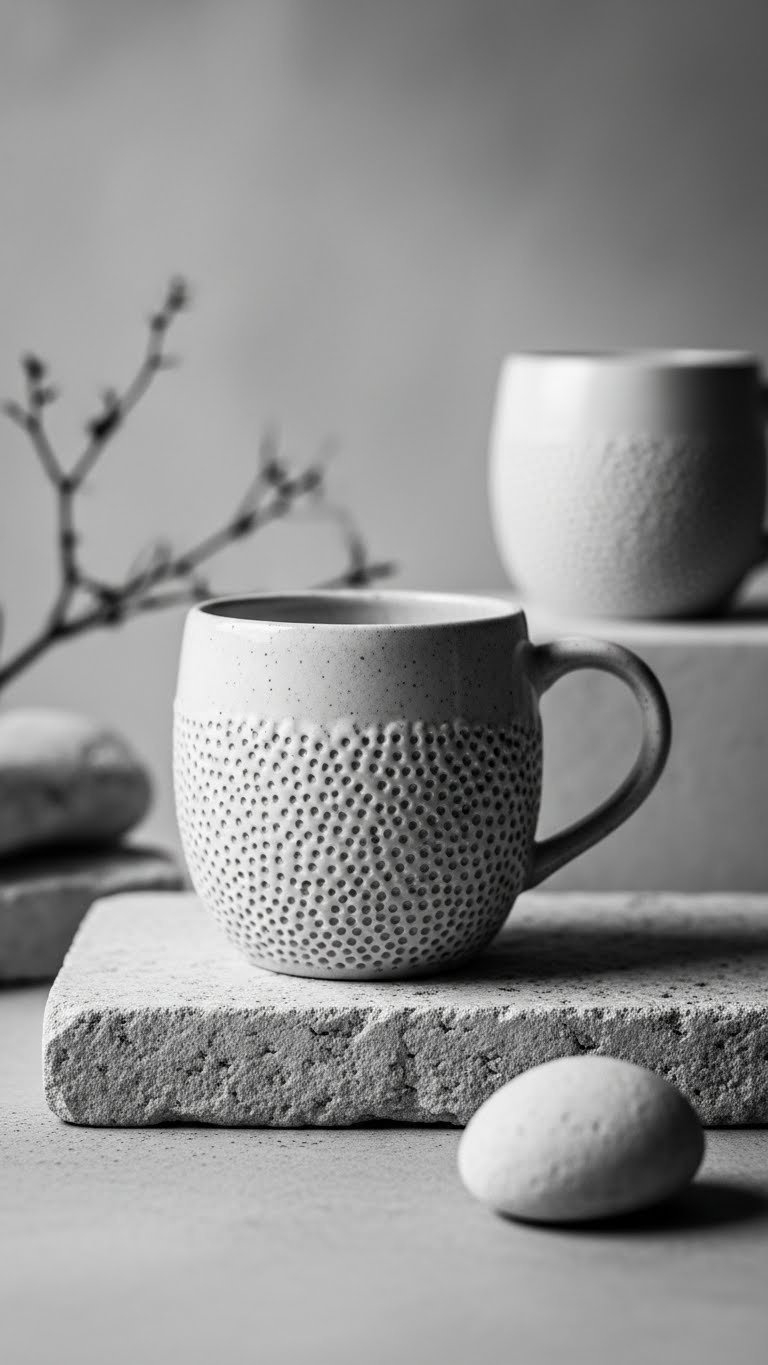 A ceramic mug with a raised, tactile 3D dot design in monochrome sits on a minimalist stone surface, highlighting captivating textures.