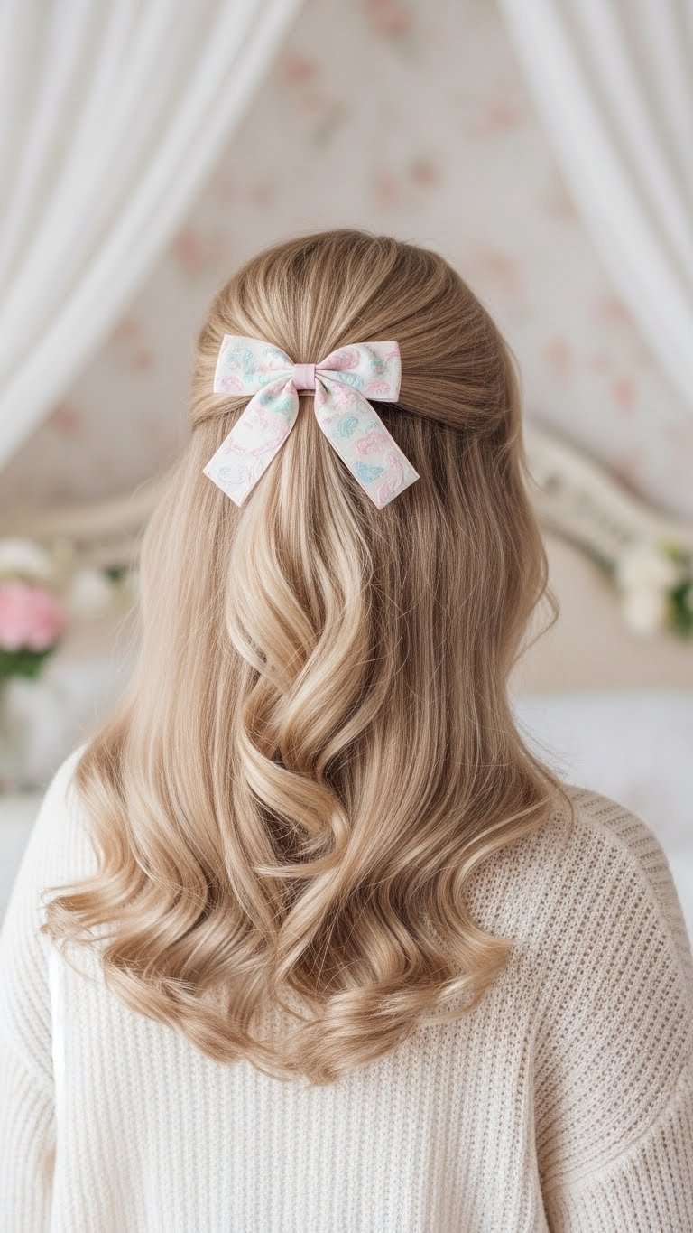 A close-up displays soft girl aesthetic flowing light blonde waves with a pastel hair bow, against a blurred romantic bedroom background.