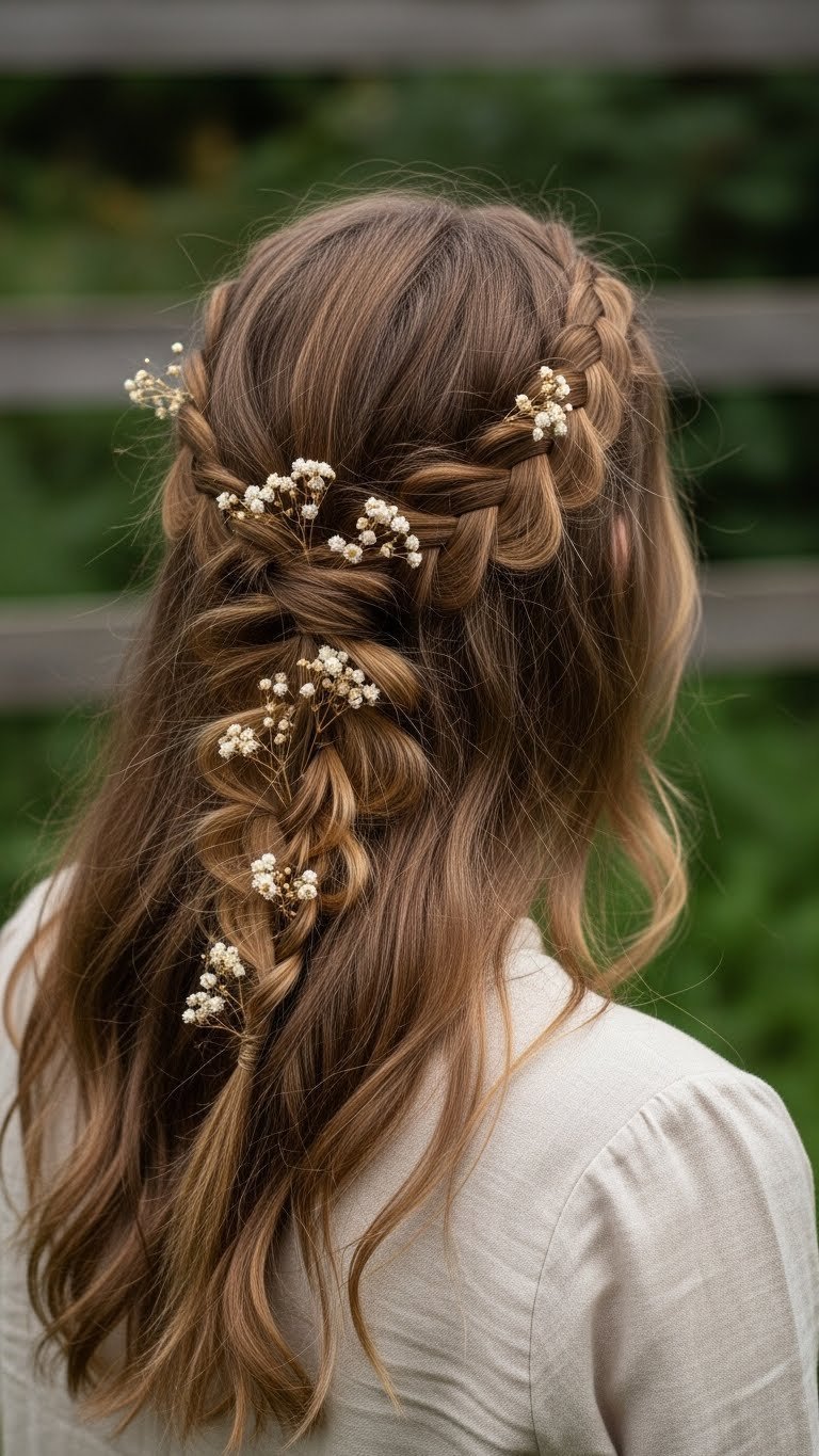 A close-up of long, wavy light brown hair styled in a cottagecore braided half-updo, adorned with delicate wildflowers in a natural setting.