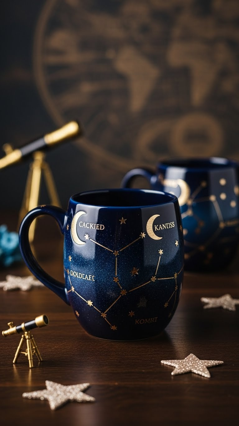 A dark ceramic mug gleams with intricate gold constellations and celestial bodies, resting on polished wood against a blurred star map.