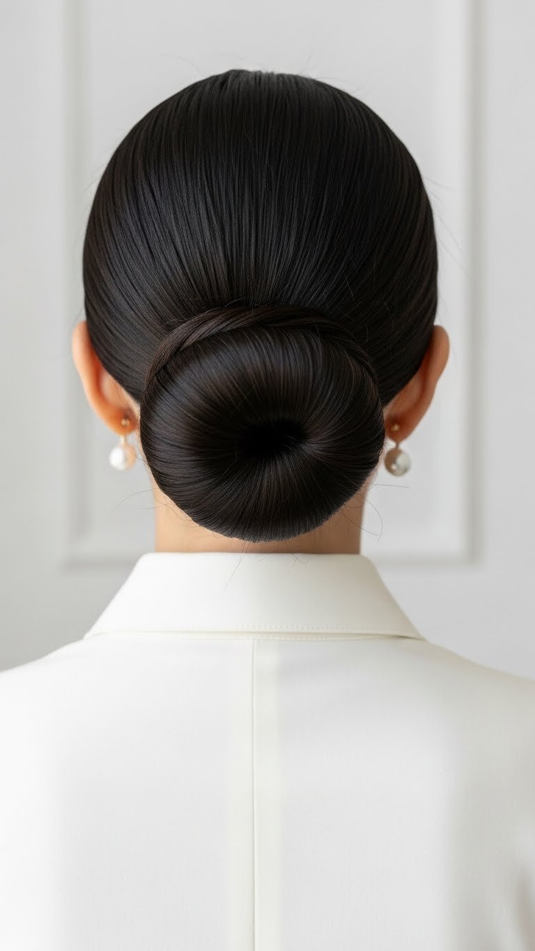 A professional medium shot highlights a perfectly smooth, glossy dark low bun, embodying the clean girl aesthetic with pearl earrings and a crisp white collar.