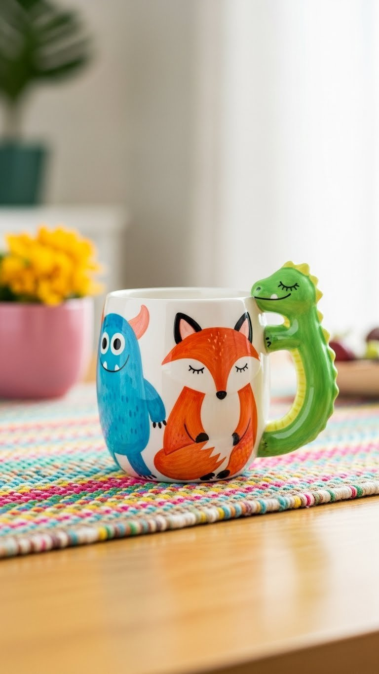 A vibrant ceramic mug features a charming hand-painted fox wrapping its tail around the handle, resting on a colorful placemat.