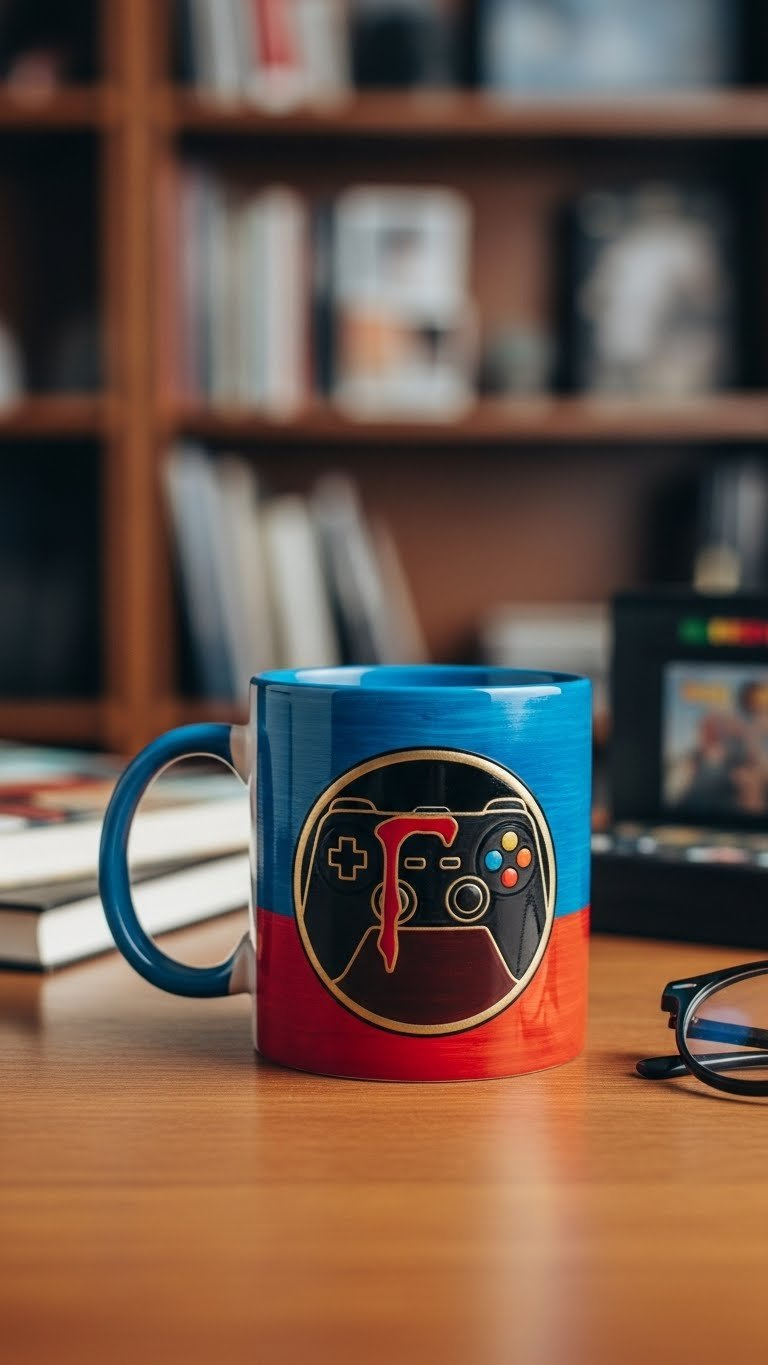 A vibrant custom mug features a subtle game controller icon, positioned on a wooden desk with a blurred bookshelf filled with collectibles.