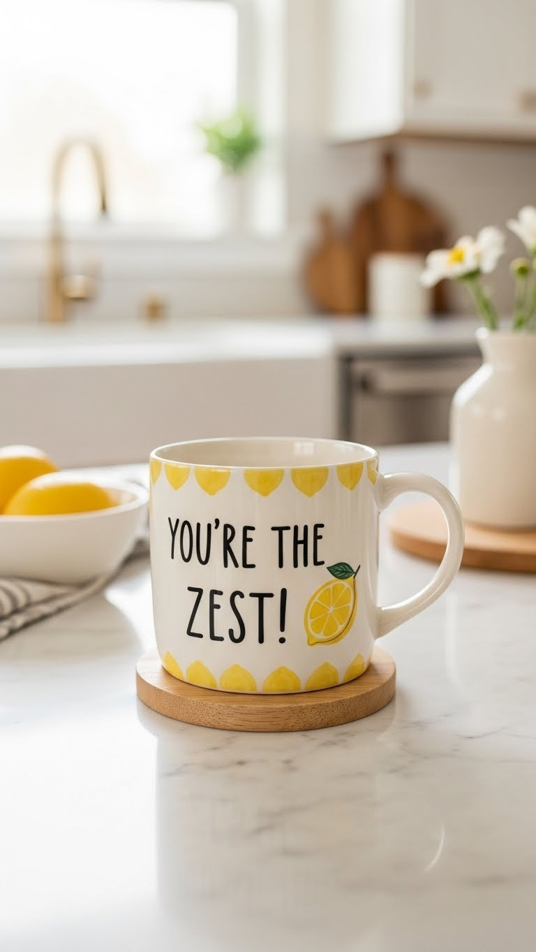 A vibrant, hand-painted ceramic mug with a "You're the Zest!" lemon pun sits on a wooden coaster in a blurred kitchen.