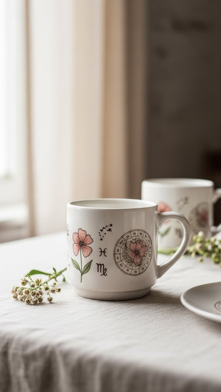 A white ceramic mug features a delicate birth flower and zodiac constellation, hand-painted and set on a light linen tablecloth.