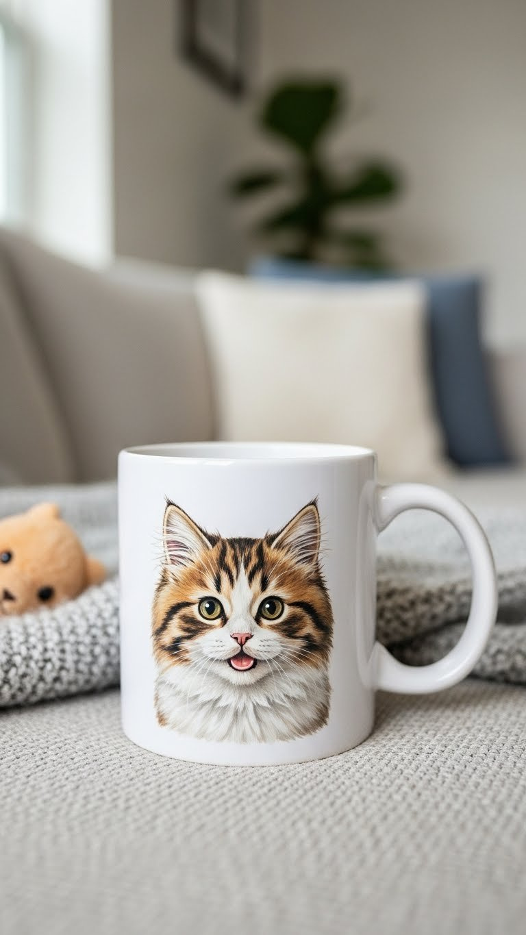 A white ceramic mug features a detailed hand-painted fluffy cat portrait, resting on a cozy knitted throw in a bright living room.