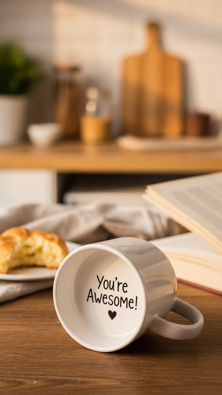 A white ceramic mug reveals a charming "You're Awesome!" hidden message inside, placed on a rustic wooden table in warm golden light.