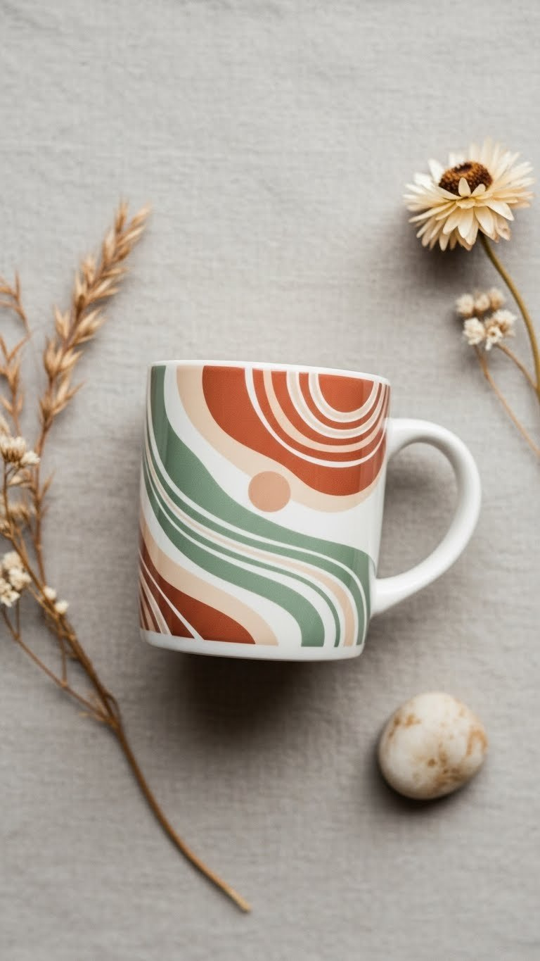 A white ceramic mug showcases a fluid, minimalist abstract design in earthy terracotta and sage tones, set on a linen tablecloth.