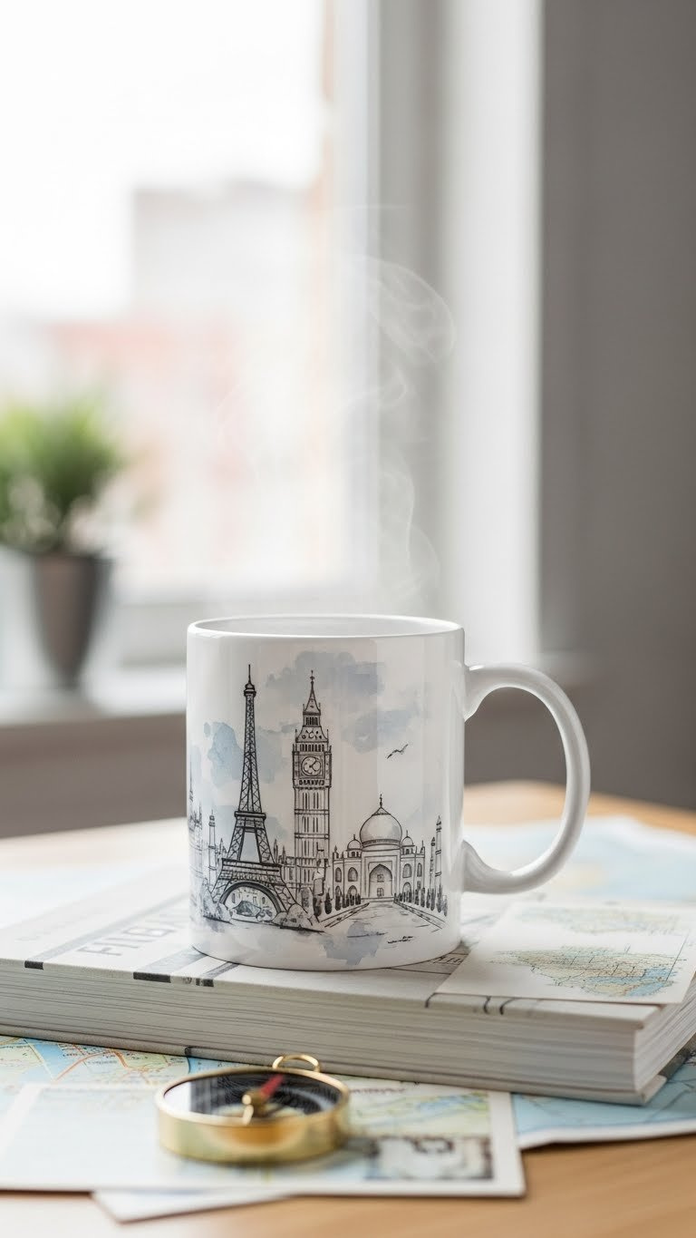 A white ceramic mug with a delicate Eiffel Tower sketch and watercolor washes sits on a travel guide book on a wooden desk.