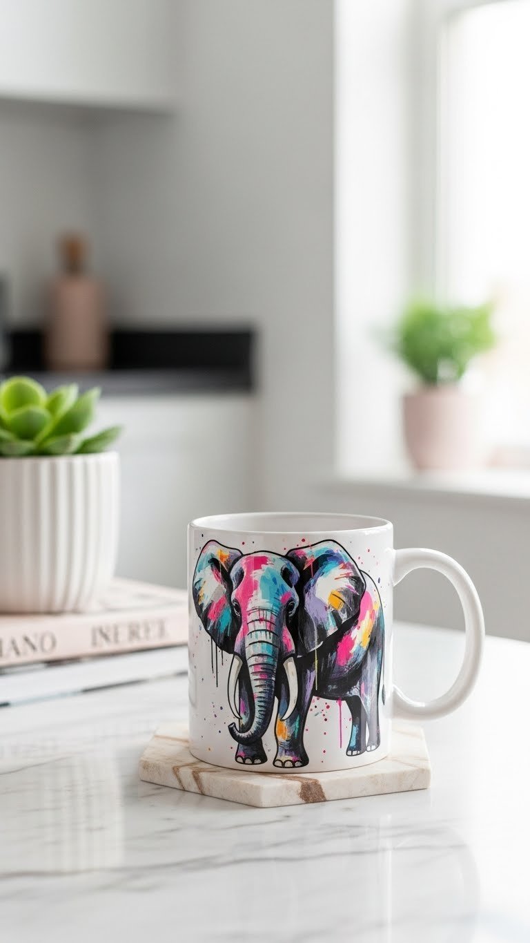 Abstract art ceramic elephant mug with bold brushstrokes on marble countertop in minimalist interior