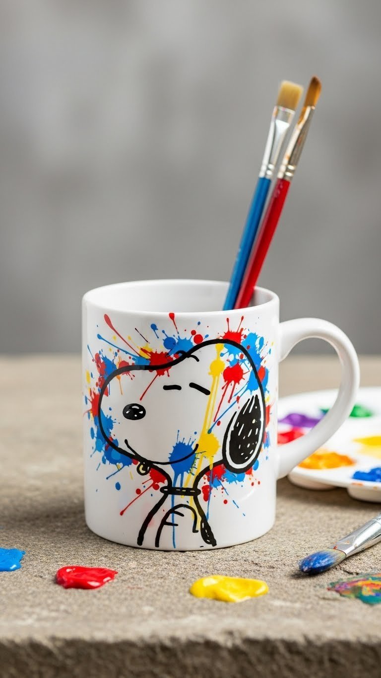 Abstract artistic Snoopy silhouette ceramic mug with paint splatters on textured stone surface surrounded by artist paintbrushes.