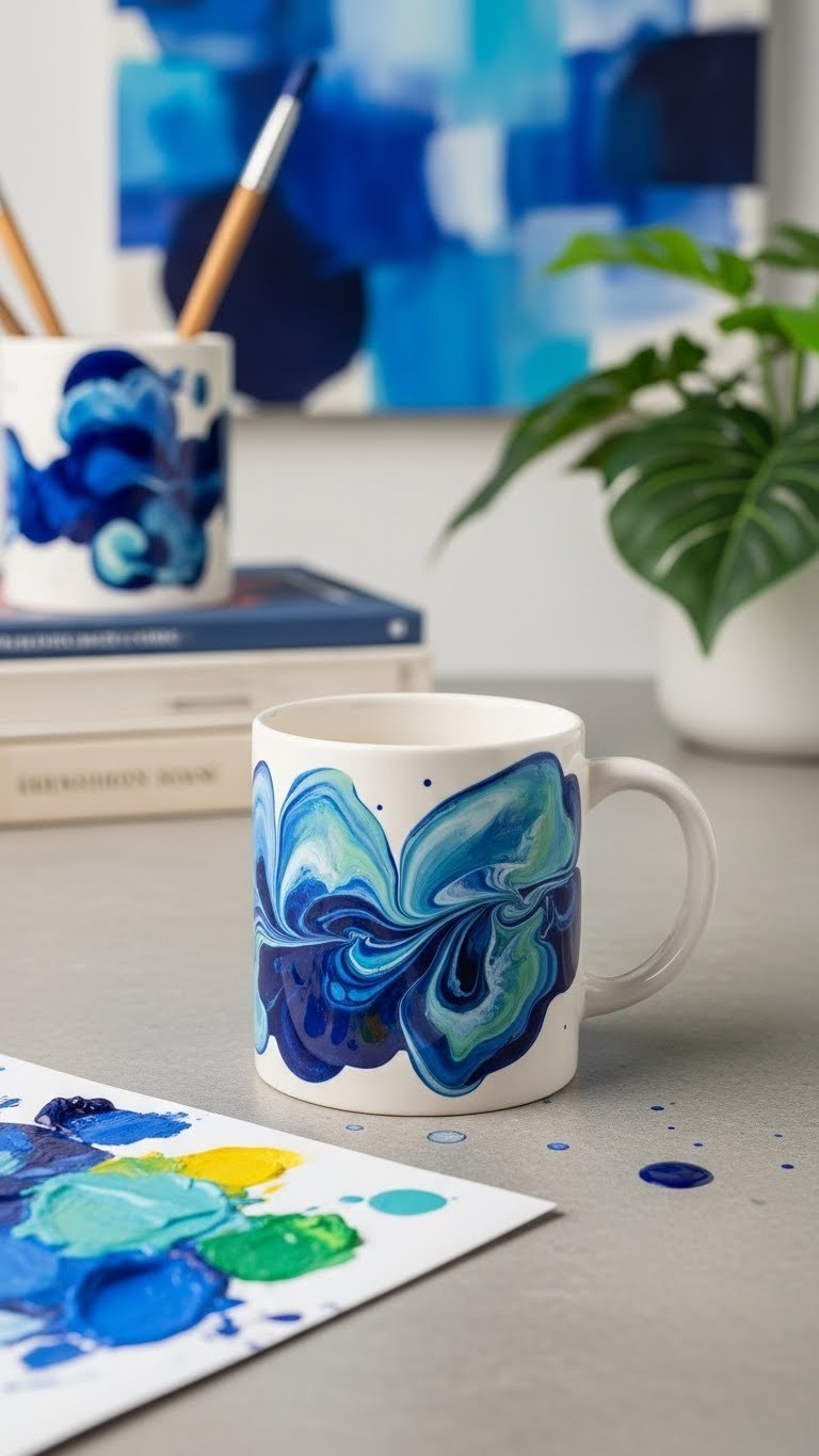 Abstract blueberry swirls painted mug with dynamic blue streaks on polished concrete studio surface