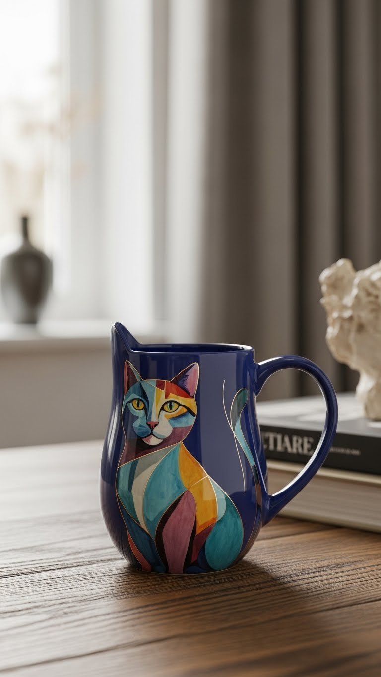 Abstract feline form ceramic coffee mug with geometric shapes and fluid lines in deep blue and teal