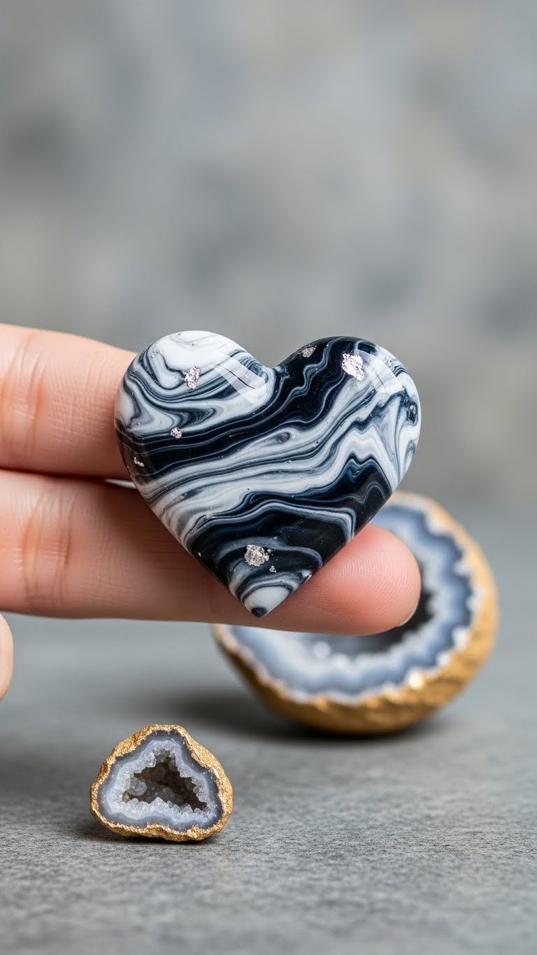 Abstract marble blooming gel heart with black and white marble texture on stone surface