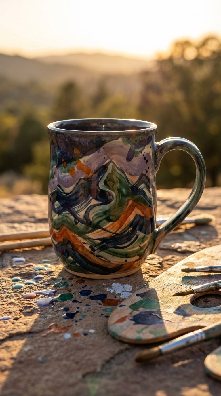 Abstract mountain landscape mug with bold brushstrokes and vibrant colors on stone surface