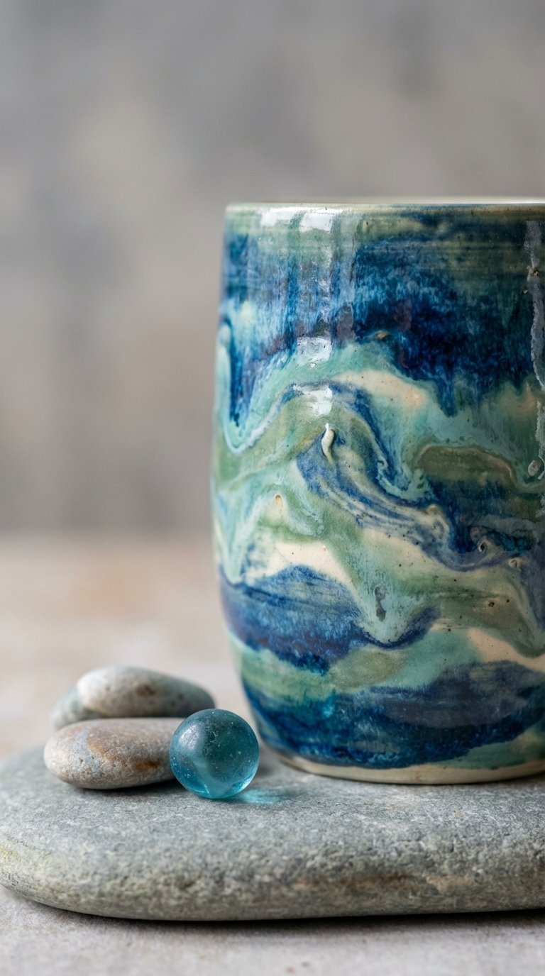 Abstract ocean swirl design ceramic mug with fluid blue and green patterns on stone slab.