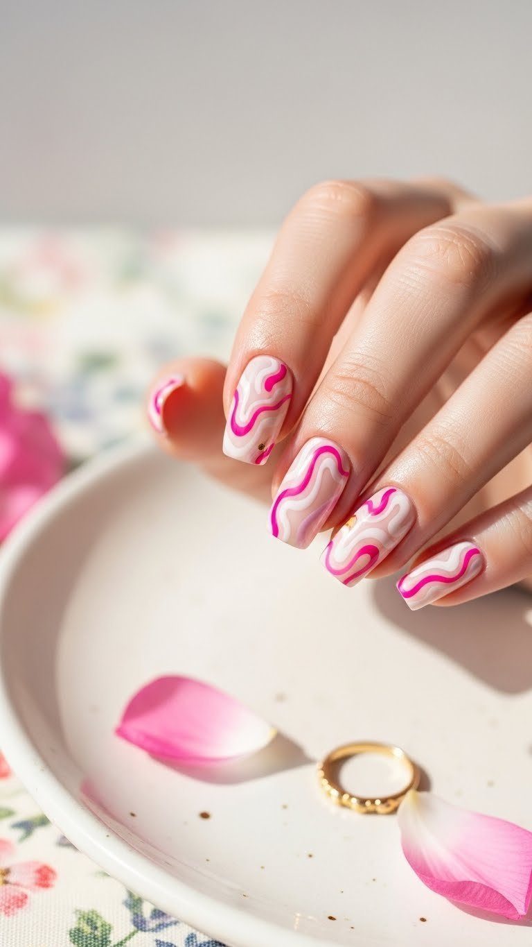 Abstract pink swirl design on creamy white Valentine's gel nails photographed against ceramic plate background
