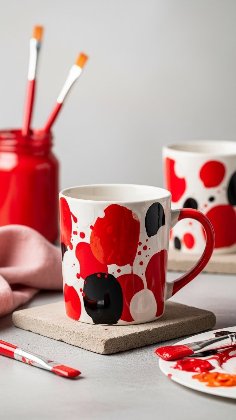 Abstract red painted ceramic mug with dynamic brush strokes and splatters on neutral textured stone surface