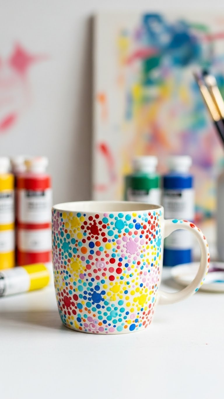 Abstract splatter and dot painted mug with vibrant colors against clean white surface in bright studio light