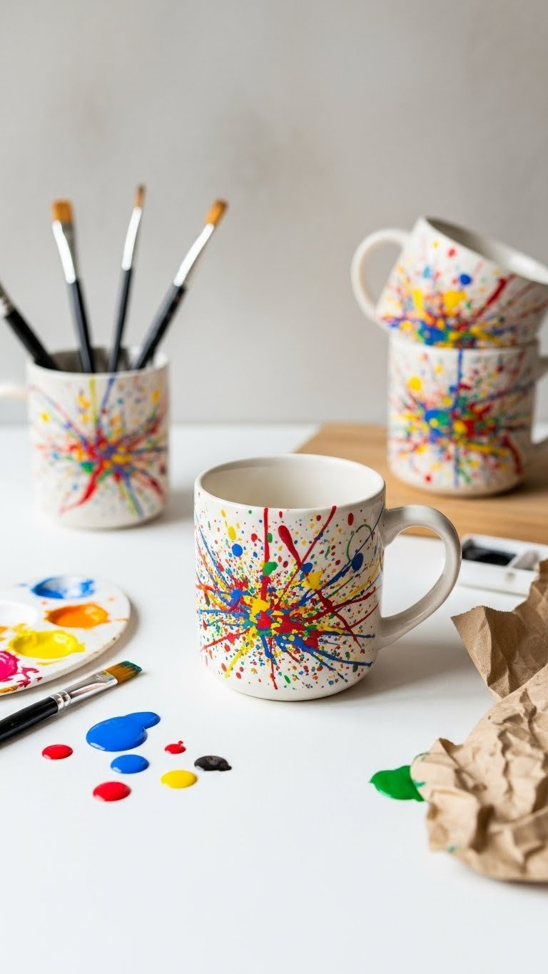 Abstract splatter painted ceramic mug on white tabletop with vibrant colorful paint design