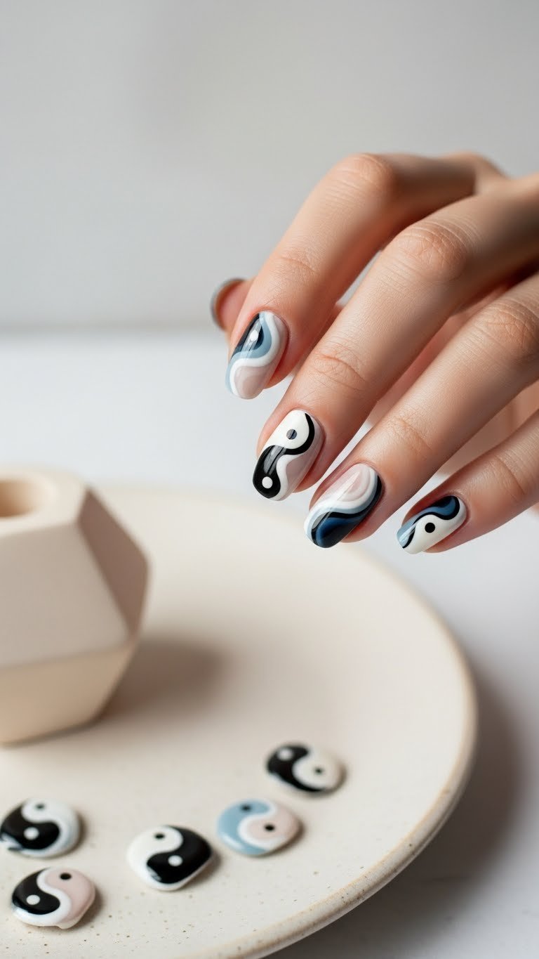 Abstract swirl modern yin yang nails with fluid lines and artistic texture on minimalist ceramic