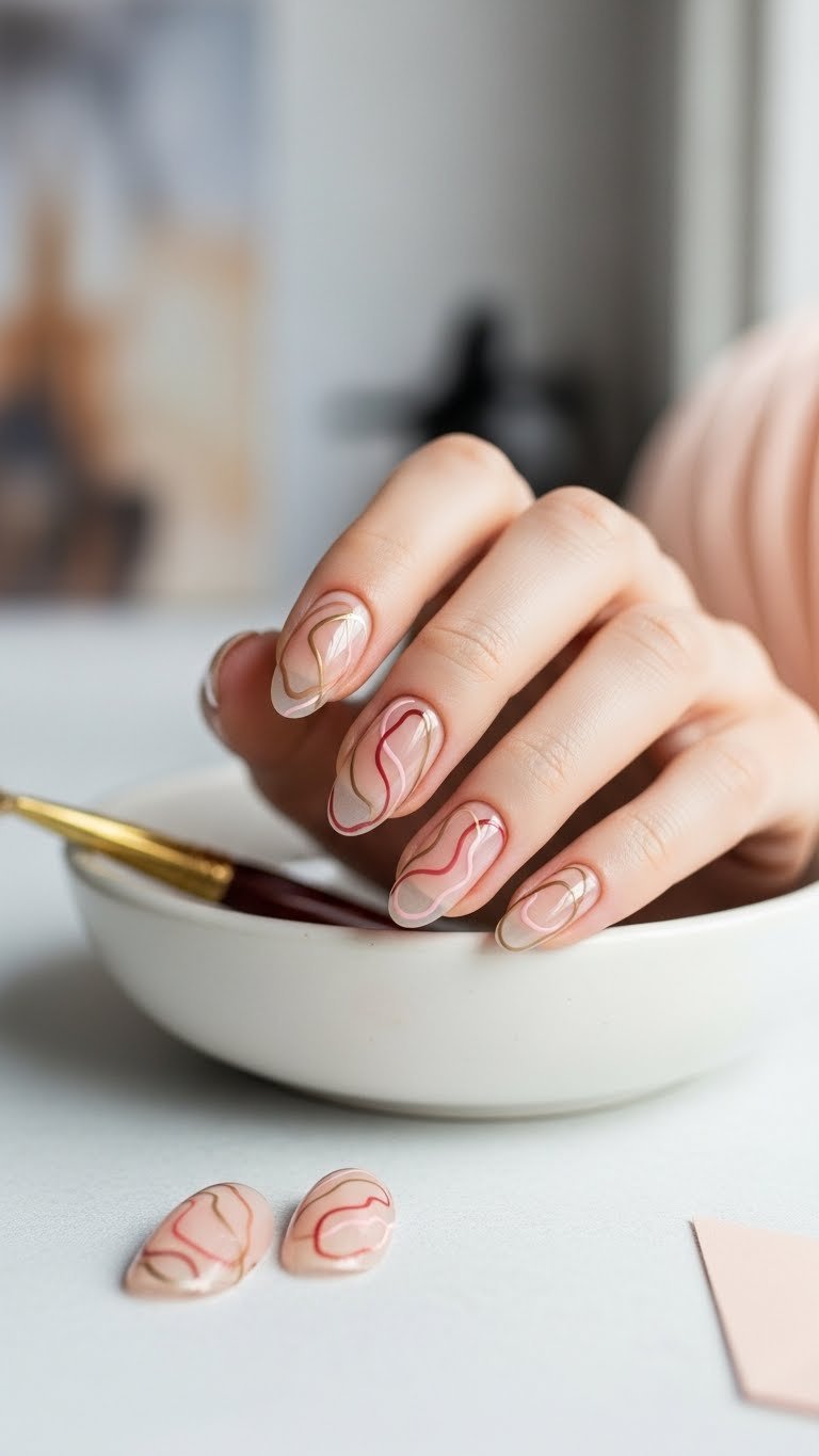Abstract swirl nail art with nude base and flowing pink, red, and gold lines for artistic effect
