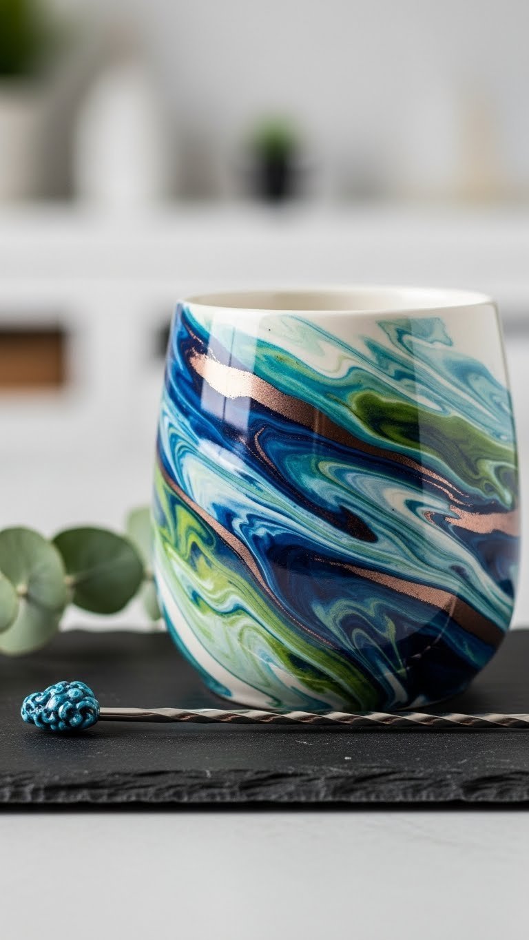 Abstract swirl painted ceramic mug with fluid blue and green marbled design on sleek black slate surface