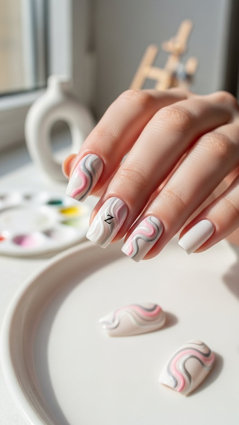 Abstract swirls with hidden initials nails featuring artistic camouflage design