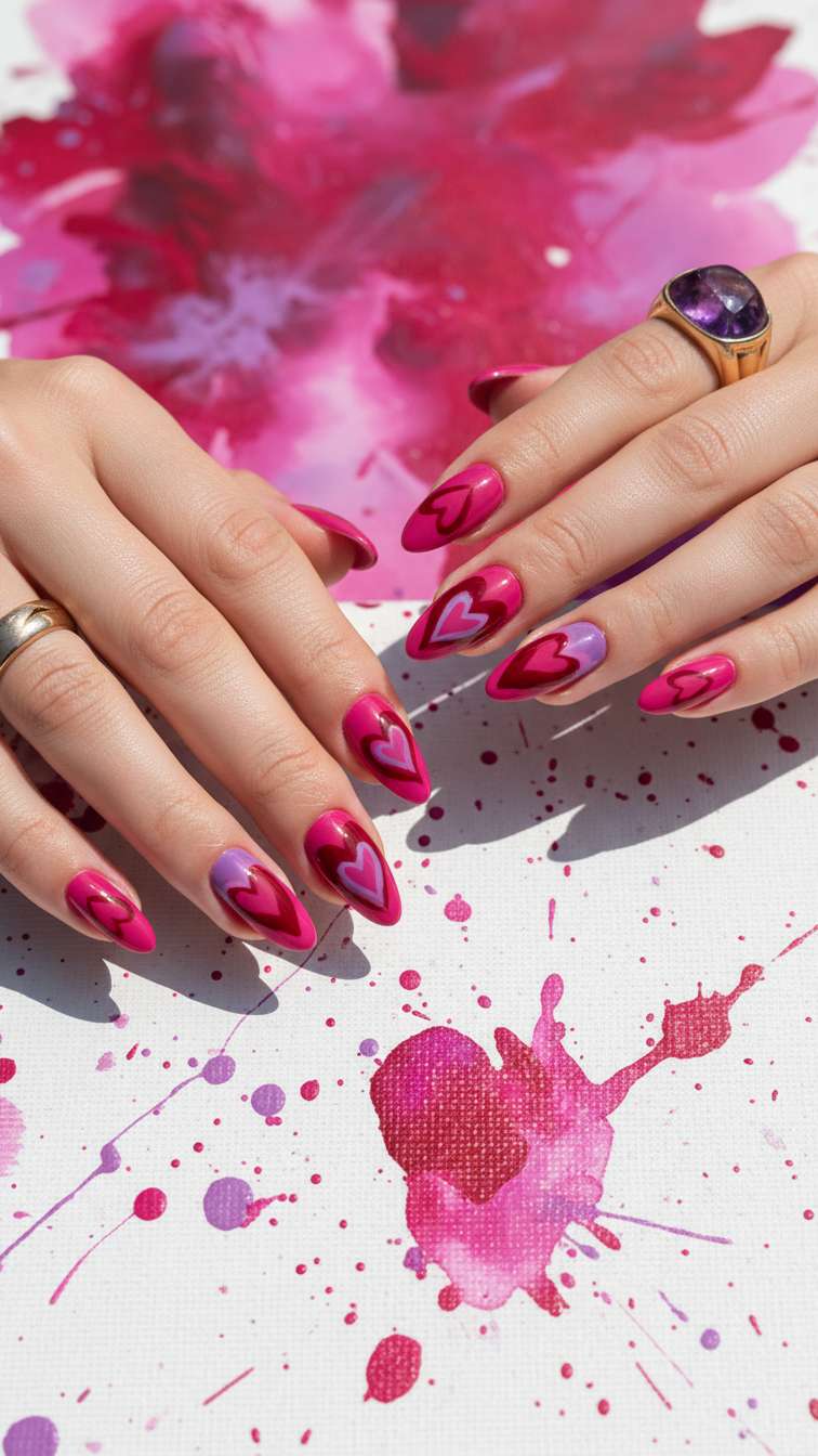 Abstract two-tone heart almond nails with bold colors and artistic heart designs on canvas background