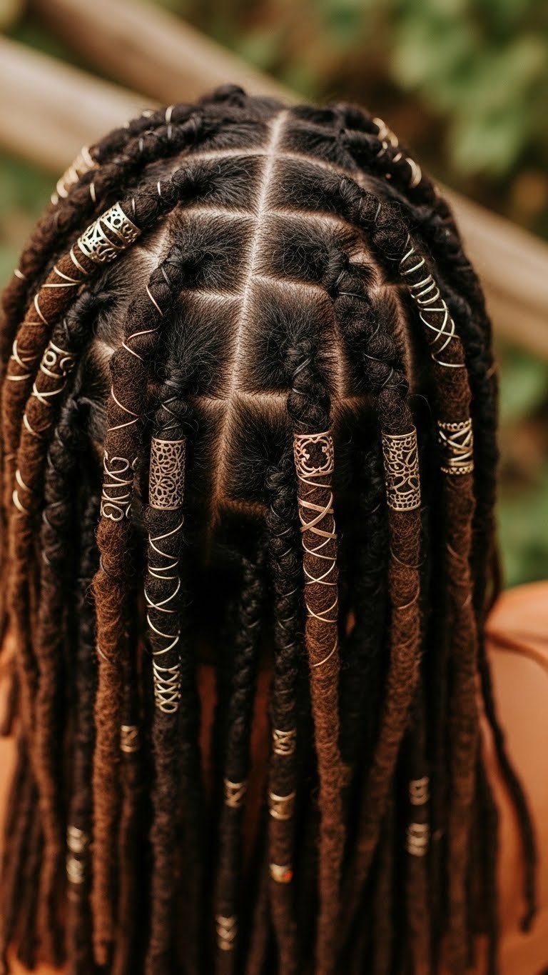 Accessorized locs hairstyle featuring elegant beads and metal cuffs woven throughout locs in earthy tones