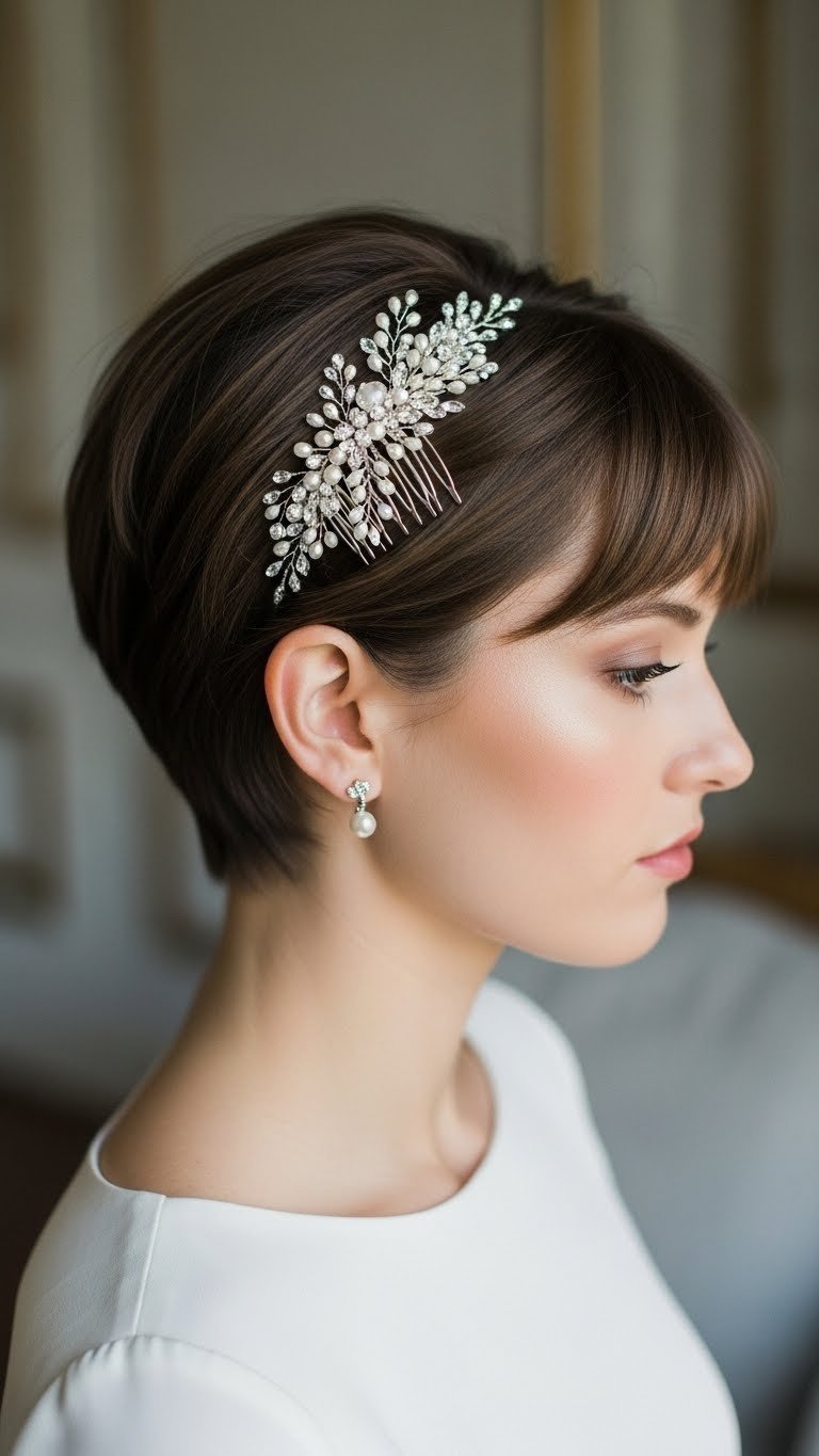 Accessorized short hairstyle with jeweled comb or pearl pins elevating chic pixie cut in luxurious indoor setting