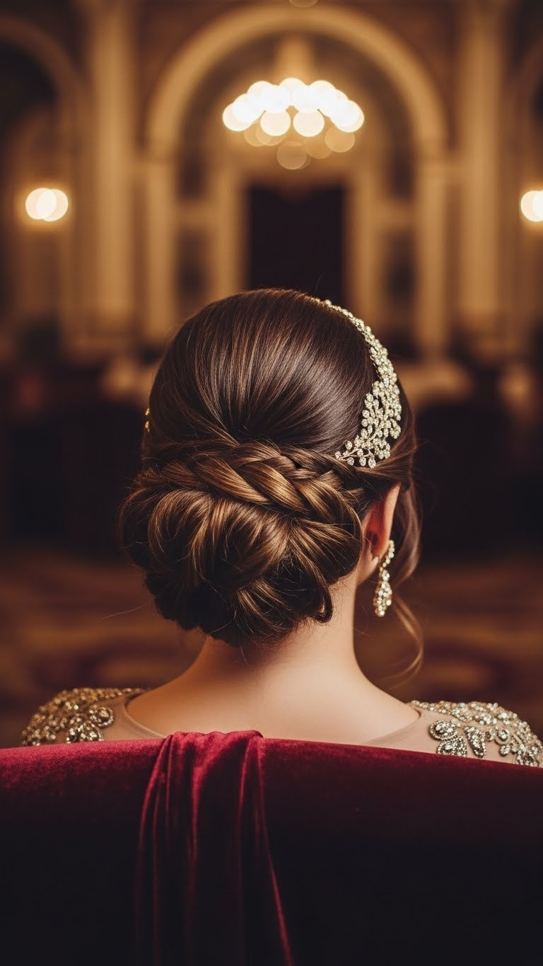 Accessorized updo on glamorous medium length Arab hair adorned with sparkling jewelry and intricate headpiece