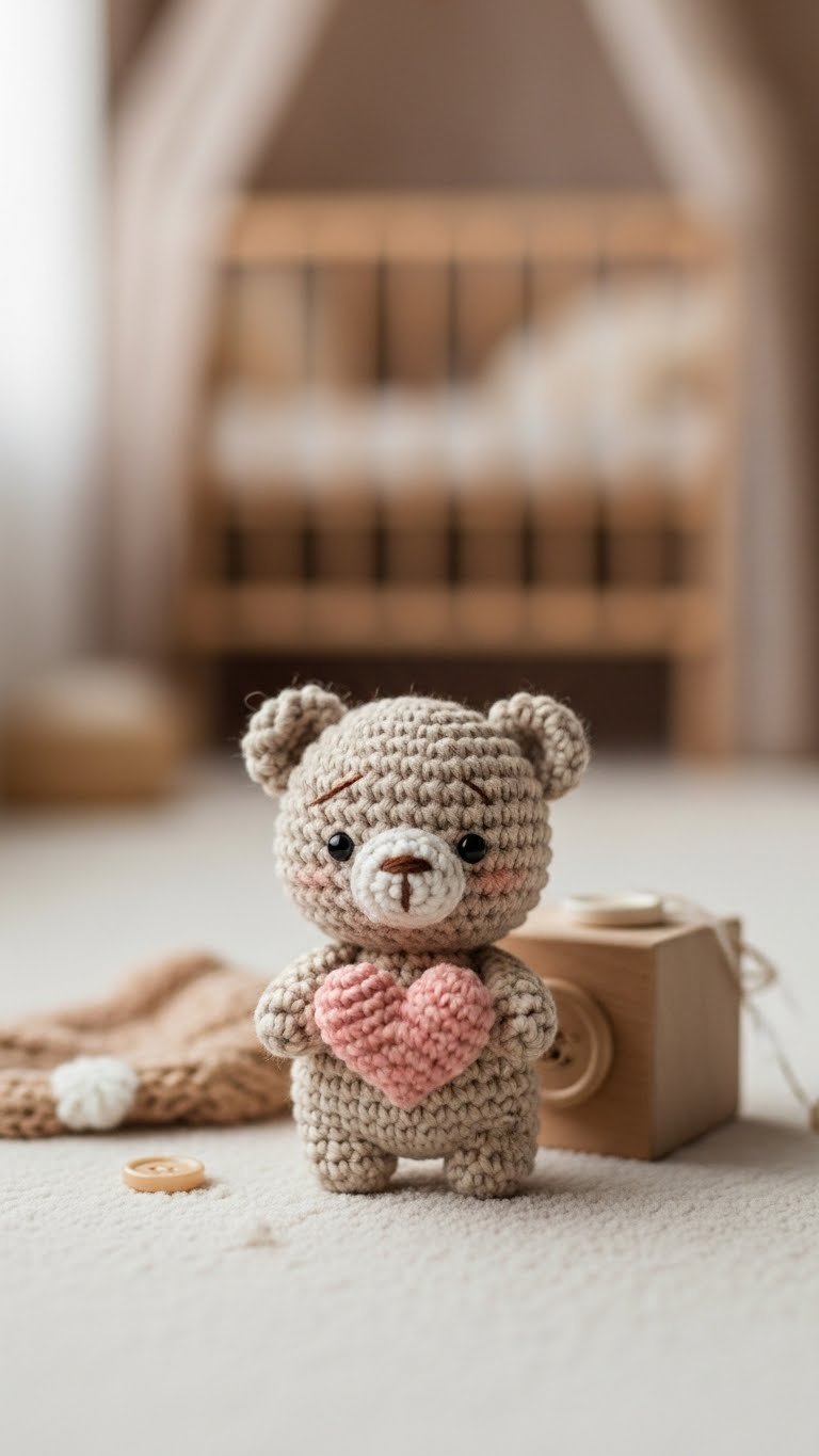 Adorable crochet bear holding a tiny heart with soft fuzzy texture and stitched features on a cozy blanket