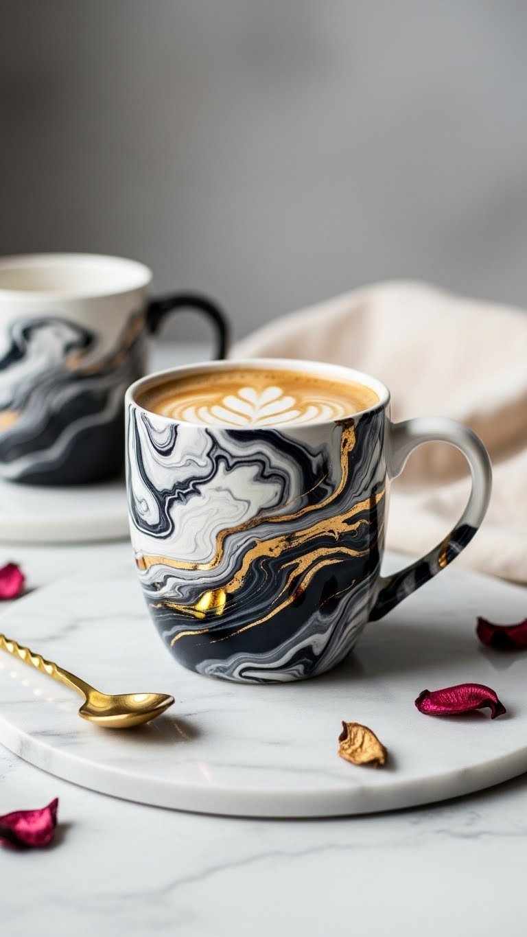 Aesthetic DIY painted coffee mug with mesmerizing marbled effect in elegant contrasting colors on polished marble surface.