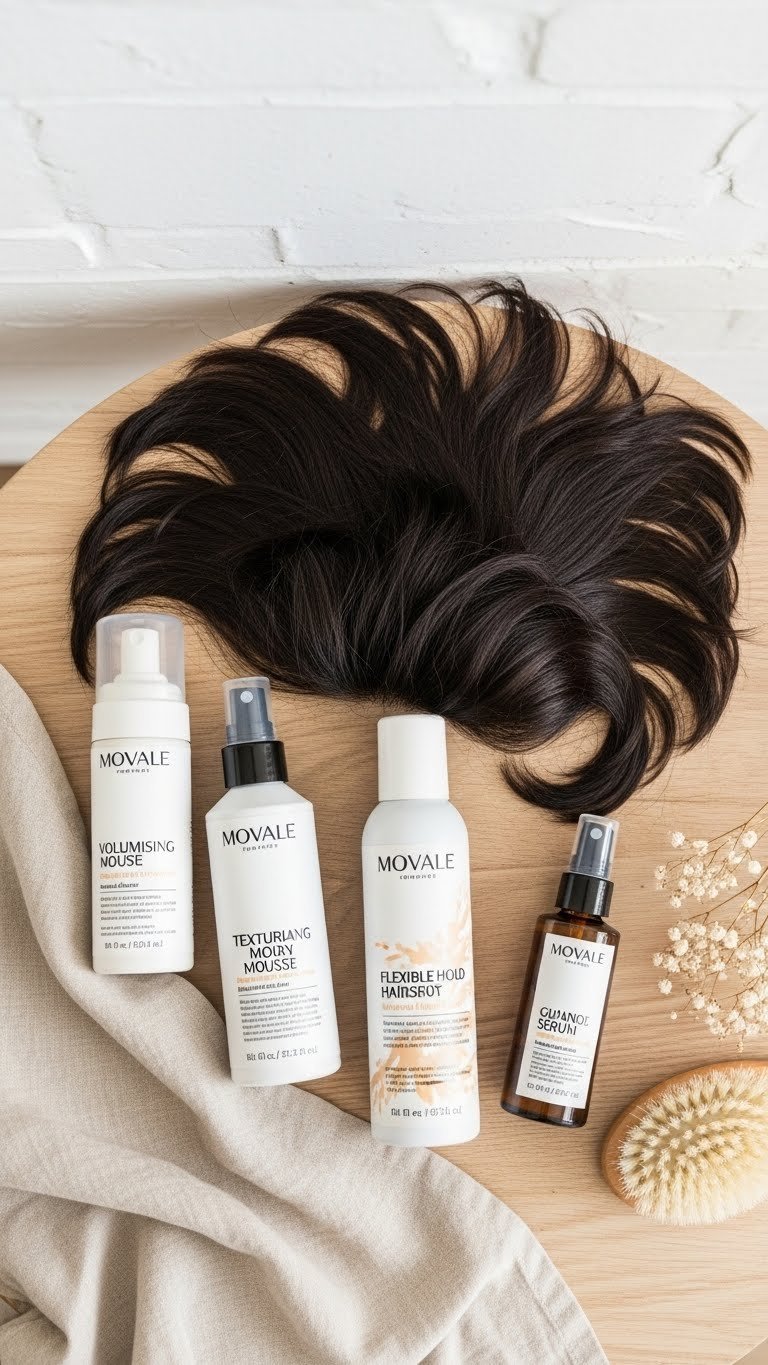 Aesthetic arrangement of premium hair styling products for butterfly haircut maintenance and volume