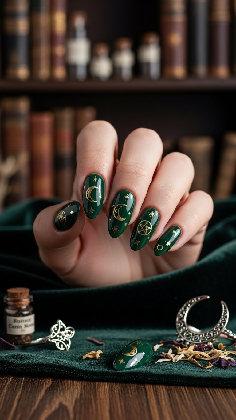 Almond nails in glossy forest green with gold crescent moons and pentagram symbols