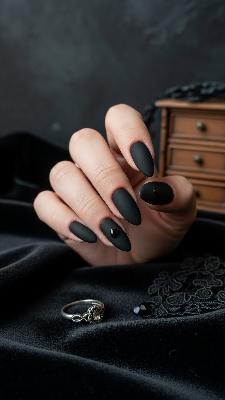 Almond nails in plush velvet matte black with subtle glossy detail on black velvet fabric