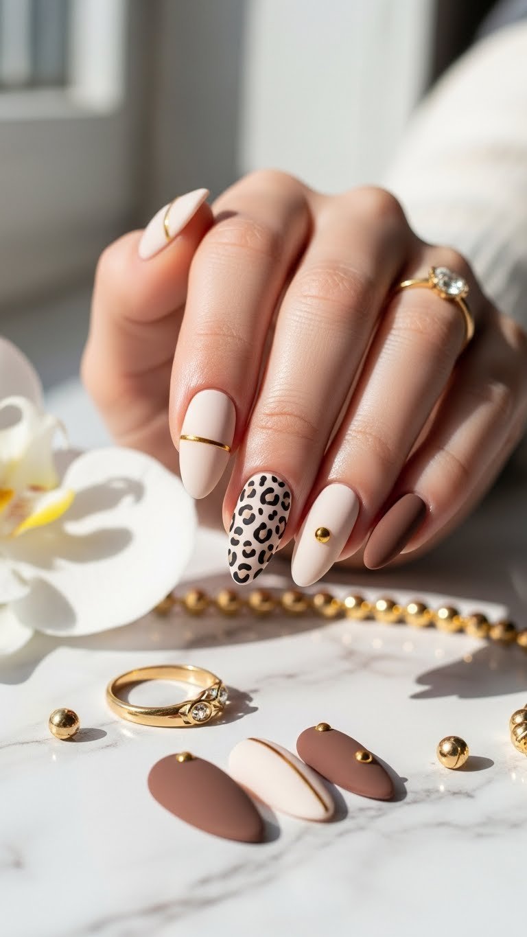 Almond-shaped matte nails with gold-accented leopard print on neutral base against marble background