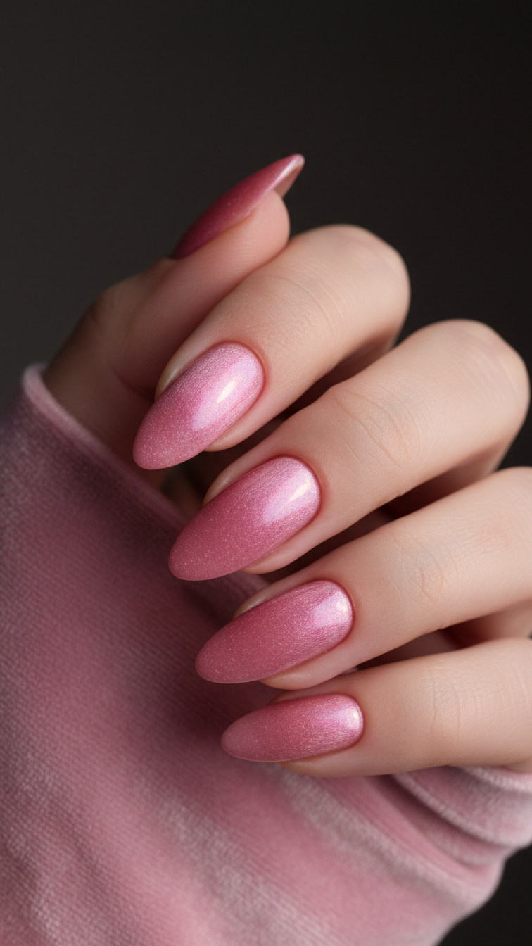 Almond-shaped nails with magnetic pink cat-eye polish creating velvet texture against dark background