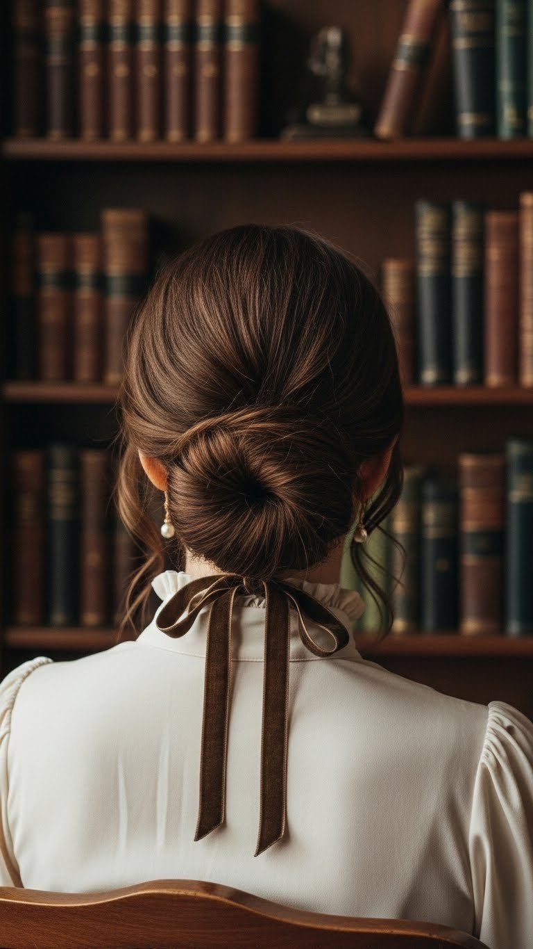 An eye-level close-up of a sophisticated dark academia low chignon with rich brown waves, featuring a velvet ribbon in a study.