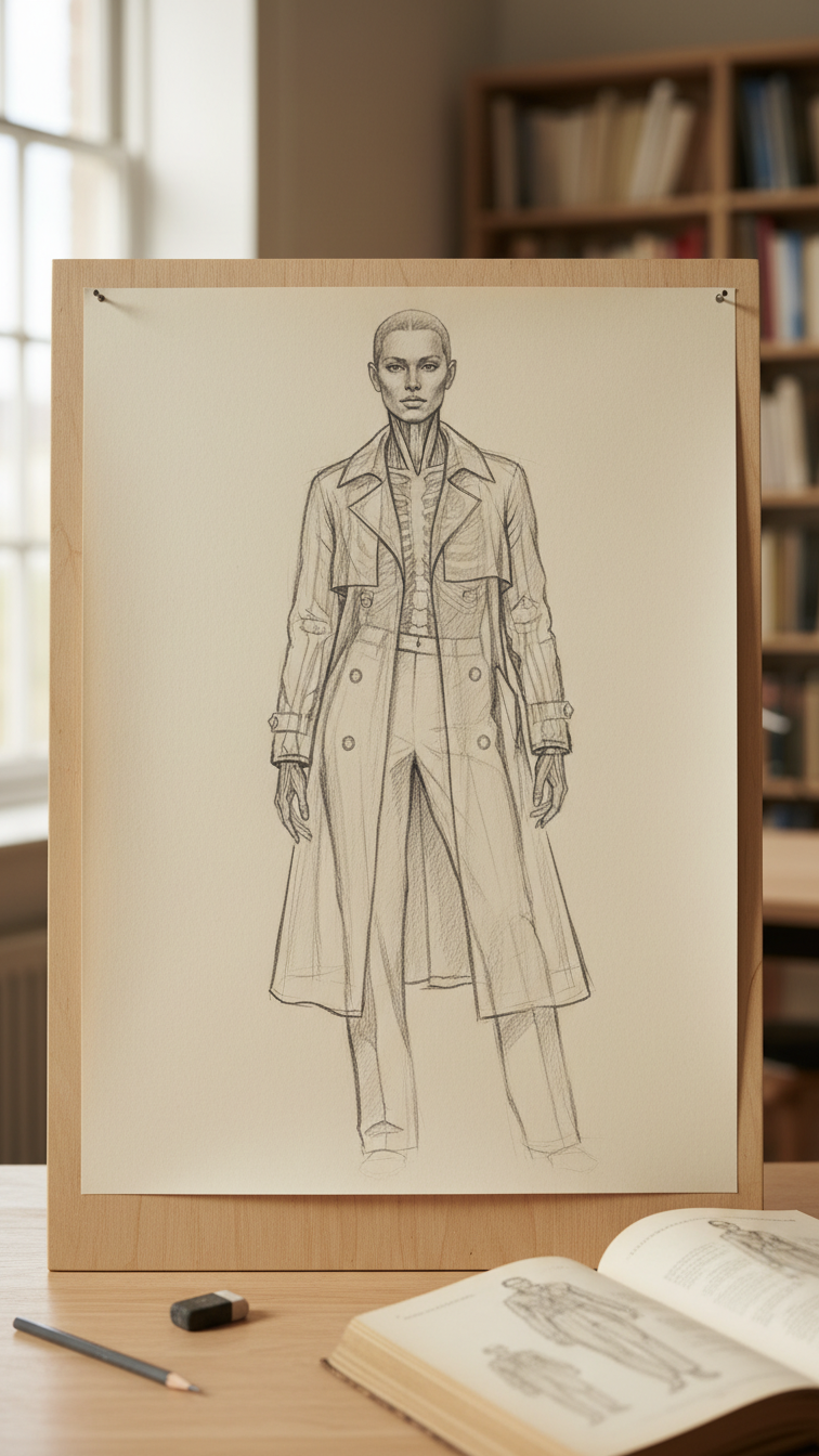 Anatomical figure drawing with clothing draped over skeletal structure showing fabric interaction and proportions