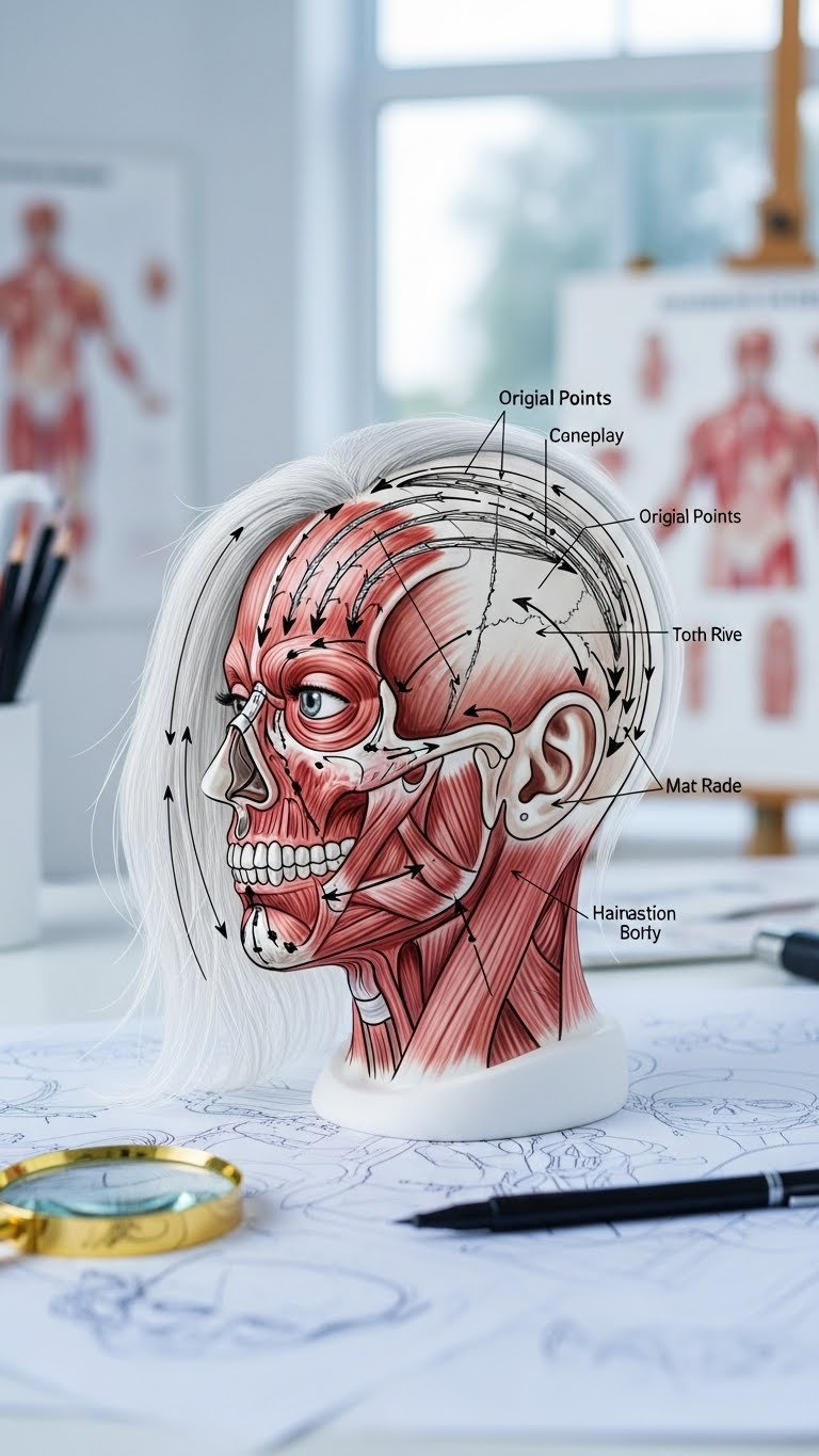 Anatomical hair drawing reference with transparent overlay showing skull structure and hair growth direction arrows