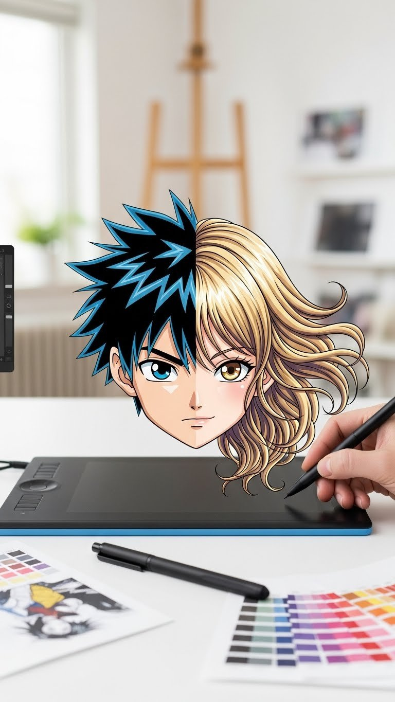 Anime manga character drawing featuring spiky male and flowing female hairstyles with vibrant colors