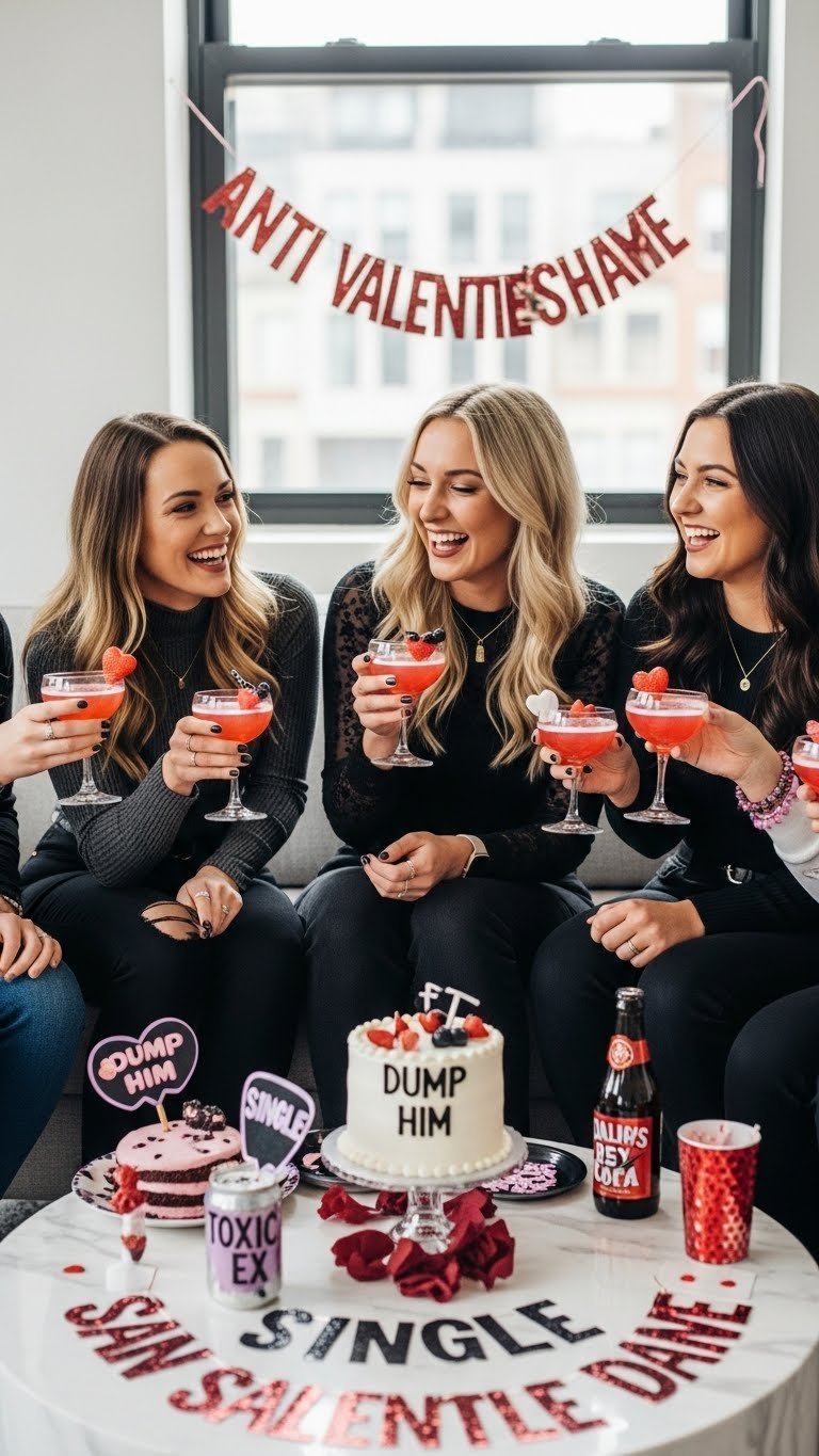 Anti-Valentine's Galentine's celebration with friends laughing and holding themed drinks