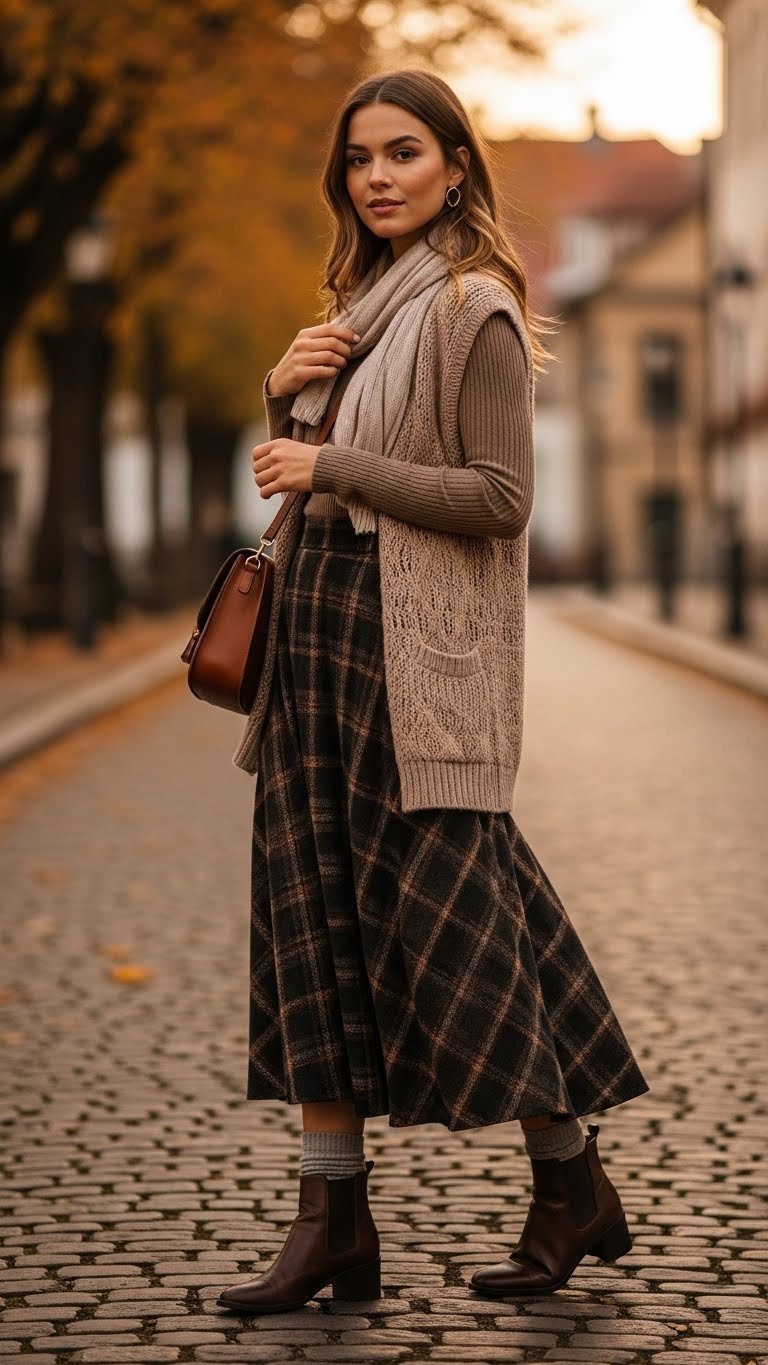 Artful layered autumn outfit with plaid long skirt and knit cardigan in leaf-strewn park setting